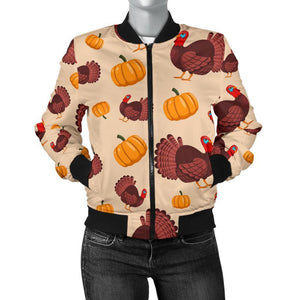 Thankgiving Turkey Pattern Print Women Casual Bomber Jacket