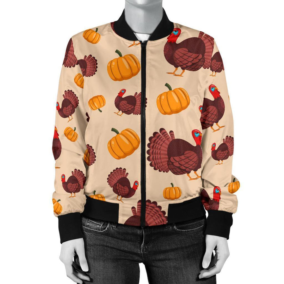 Thankgiving Turkey Pattern Print Women Casual Bomber Jacket