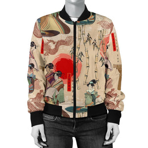 Tokyo Japanese Pattern Print Women Casual Bomber Jacket