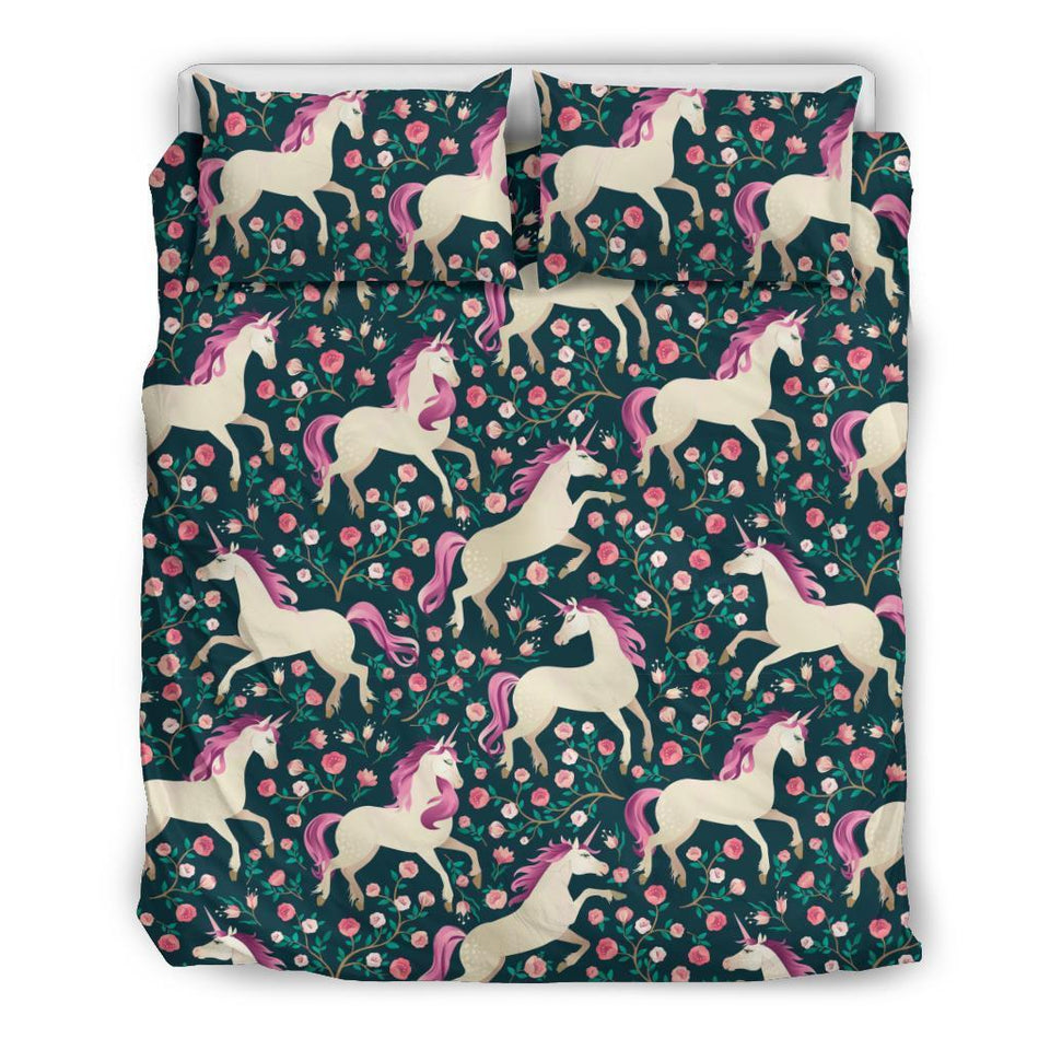 Unicorn Floral Pattern Print Duvet Cover Bedding Set