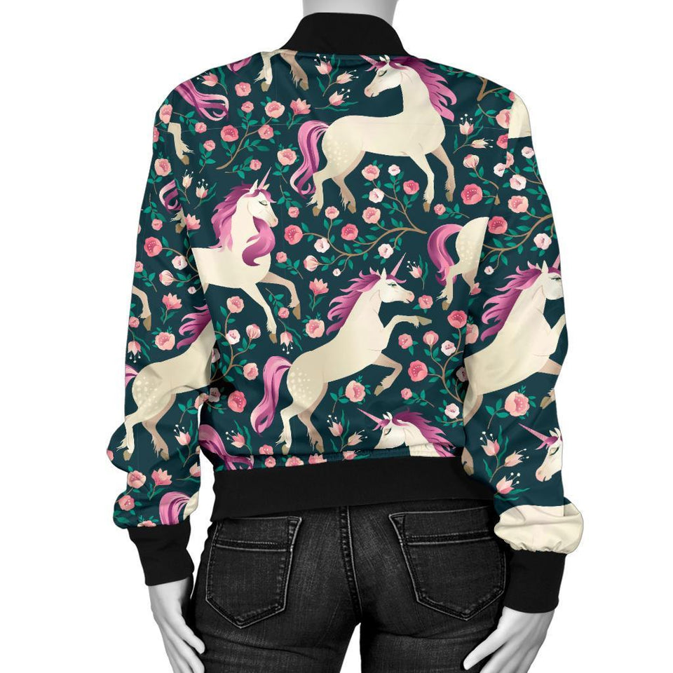 Unicorn Floral Pattern Print Women Casual Bomber Jacket