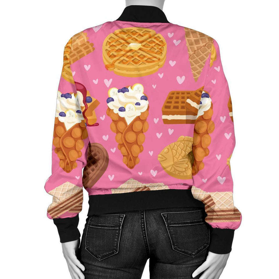Waffle Dessert Pattern Print Women Casual Bomber Jacket